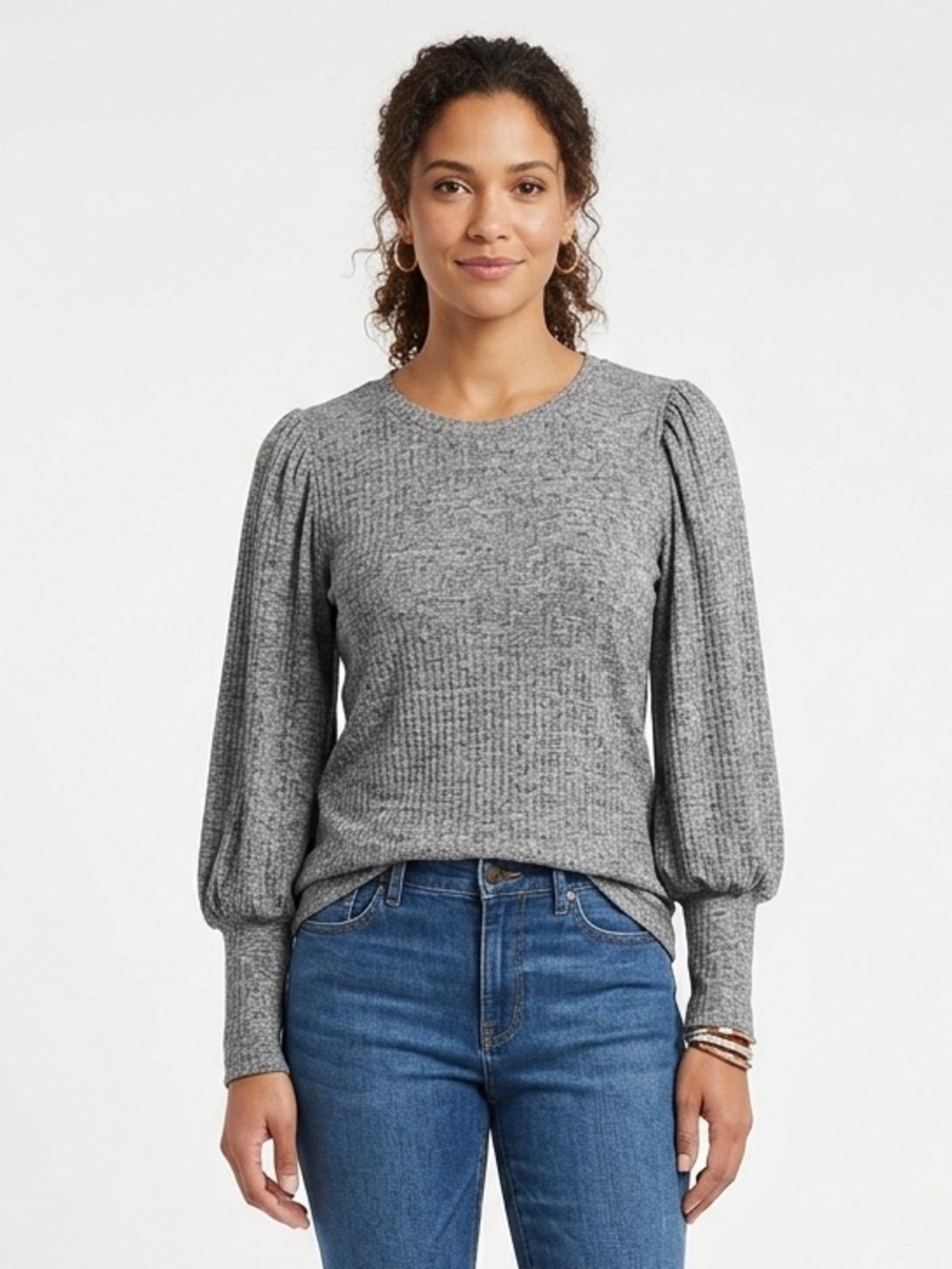 Evereve Heather Gray Ribbed Puff-Sleeve Long Sleeve Top Small